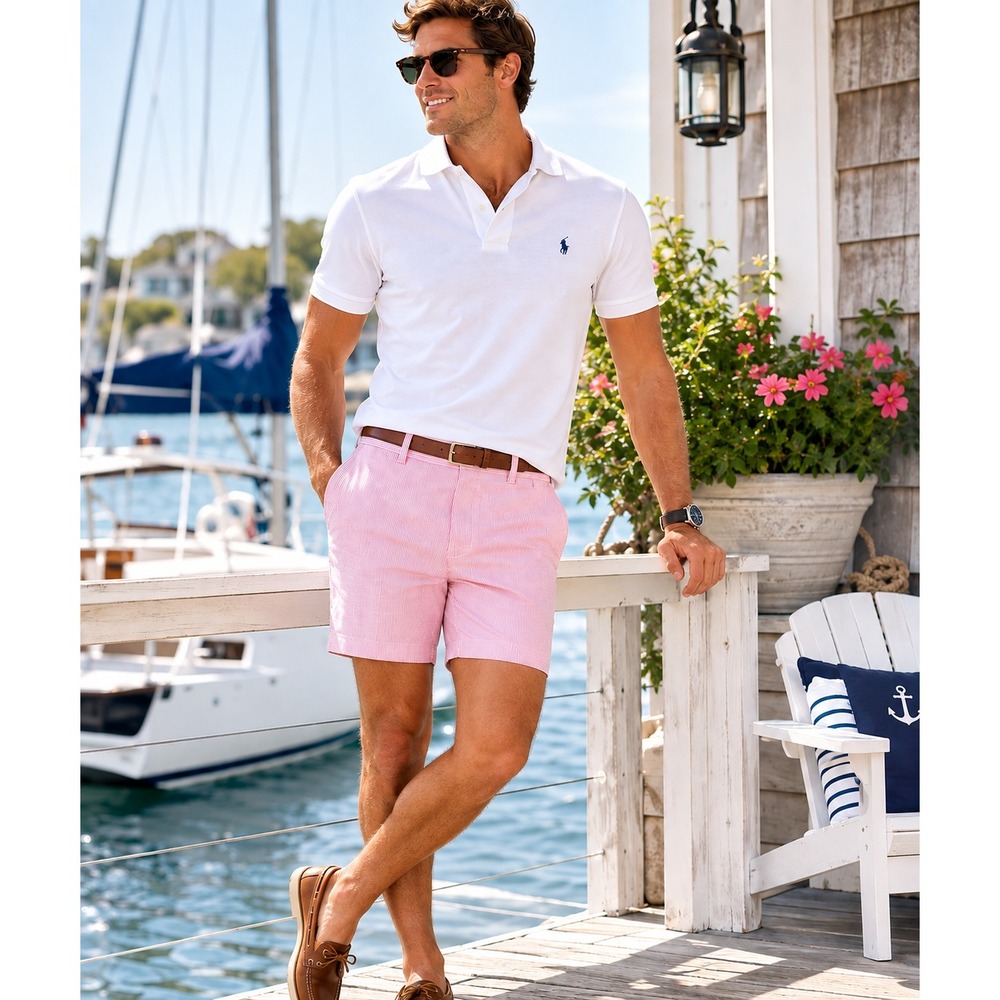 Banana Republic Aiden Club Short Mens 36 Pink Seersucker Striped Cotton Stretch